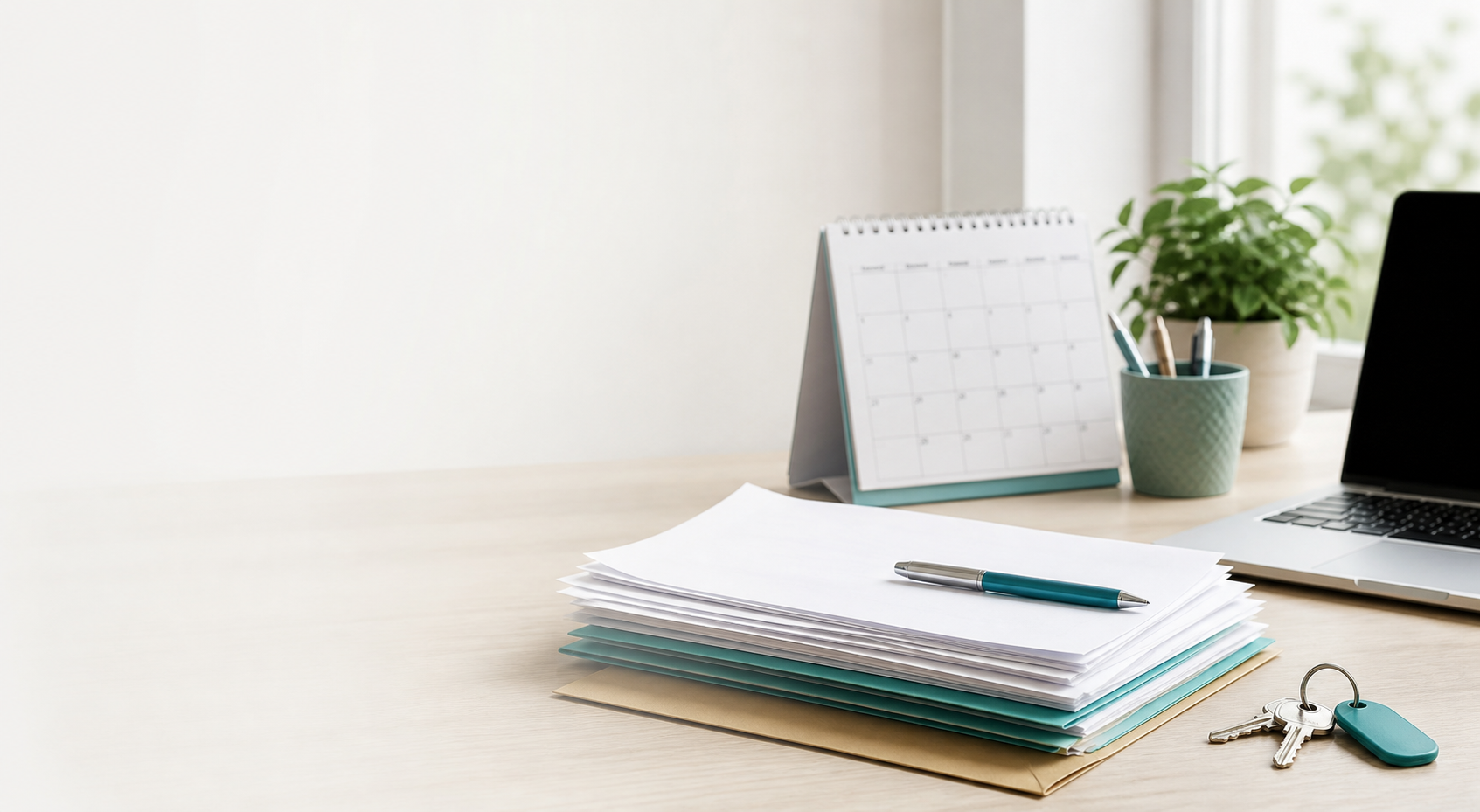 Mesa de trabajo con documentos, portátil, calendario y llaves